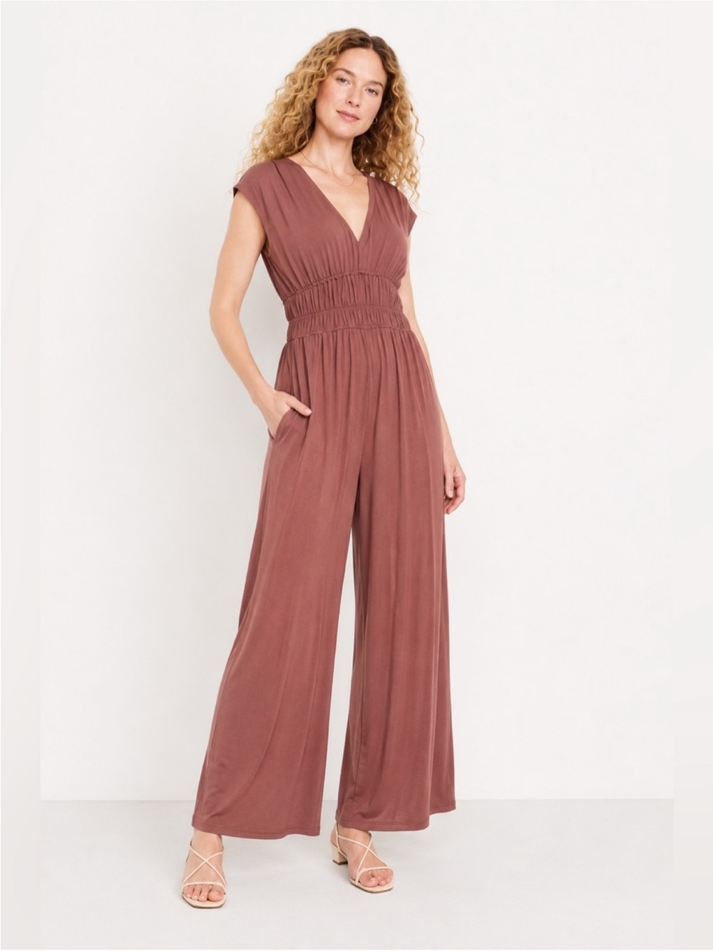 Old Navy Warm Taupe Wide-Leg Smocked-Waist Jumpsuit XS